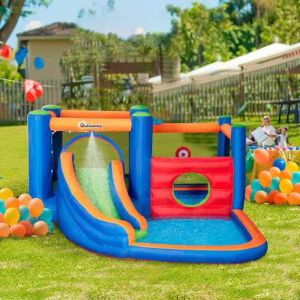 Opblaasbaar Springkasteel Waterpark Met Ventilator Springkasteel Met Waterglijbaan Basketbalring Opblaasbaar Waterspeelcentrum Voor Kinderen Vanaf 3 Jaar Trampoline
