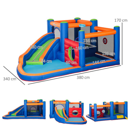 Opblaasbaar Springkasteel Waterpark Met Ventilator Springkasteel Met Waterglijbaan Basketbalring Opblaasbaar Waterspeelcentrum Voor Kinderen Vanaf 3 Jaar Trampoline