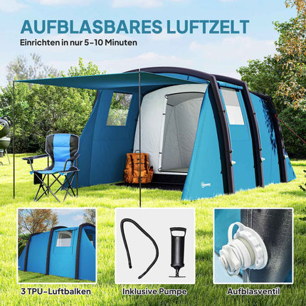 Tente de camping gonflable 3-6 personnes Tente tunnel extérieure avec fenêtre Porte Tapis de sol Sac de rangement Tente familiale Air Carrier UV50+ Tente pneumatique pour 3 saisons Tente de glamping coupe-vent |