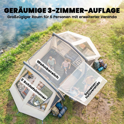 Inflatable Camping Tent, 3 Rooms, Darkened Bedroom, Waterproof