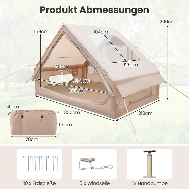 Opblaasbare kampeertent, 4-6 personen, waterdicht, beige
