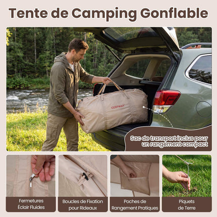 Aufblasbares Campingzelt, 4 Personen, Pumpe, Wasserdicht, Oberlicht