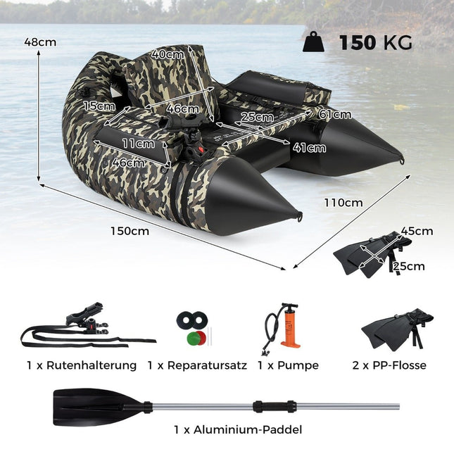 Schlauchboot mit Flossen &amp; Fischlineal &amp; Rutenhalter Fischerboot Camouflage
