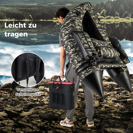 Schlauchboot mit Flossen &amp; Fischlineal &amp; Rutenhalter Fischerboot Camouflage