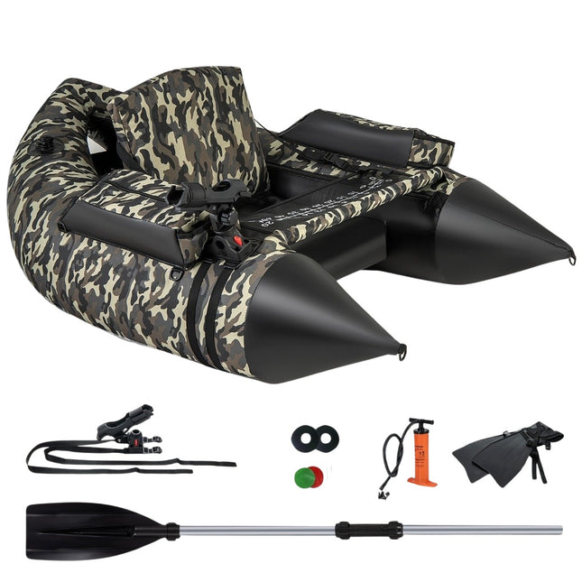 Schlauchboot mit Flossen &amp; Fischlineal &amp; Rutenhalter Fischerboot Camouflage