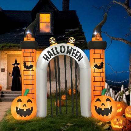 Aufblasbarer Halloween-Torweg, Kürbis-Design, LEDs, Erdspieße