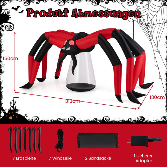 Aufblasbare Halloween-Spinne mit LED-Augen, 313 cm
