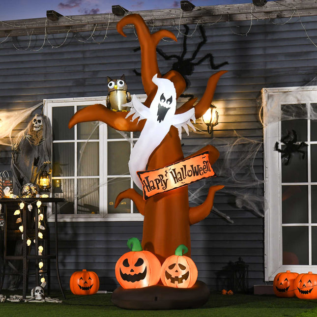 Aufblasbarer Halloween-Baum mit Geist, Kürbis, LEDs, 2,7 m