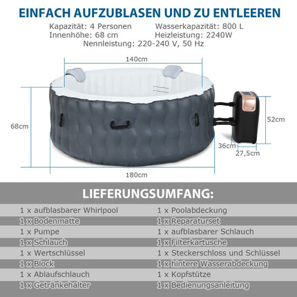 Inflatable Hot Tub 180cm, 108 Jets, Heated, 4-Person