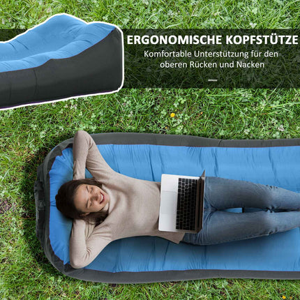 Blue waterproof inflatable sun lounger, self-inflating, 200 kg capacity