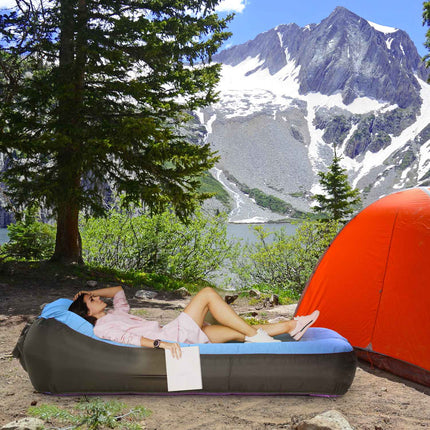 Blue waterproof inflatable sun lounger, self-inflating, 200 kg capacity
