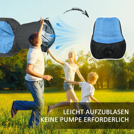 Blue waterproof inflatable sun lounger, self-inflating, 200 kg capacity