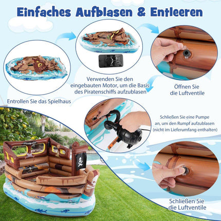 Aufblasbares Piratenschiff-Spielhaus, aufblasbare Spiellandschaft mit eingebautem Motor, 203 x 138 x 138 cm, mehrfarbig