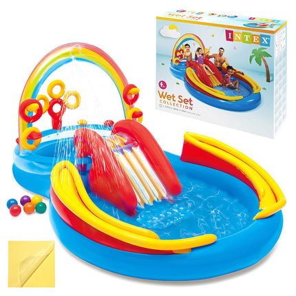 Aufblasbarer Regenbogen-Wasserspielplatz mit Rutsche und Springbrunnen