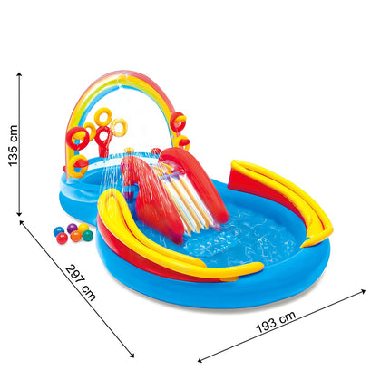 Aufblasbarer Regenbogen-Wasserspielplatz mit Rutsche und Springbrunnen