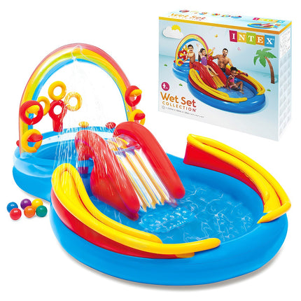 Aufblasbarer Regenbogen-Wasserspielplatz mit Rutsche und Springbrunnen