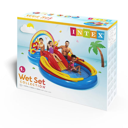 Aufblasbarer Regenbogen-Wasserspielplatz mit Rutsche und Springbrunnen