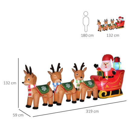 Inflatable Santa Sleigh with 3 Reindeer and LED Lights, 319 cm, Incl. Blower