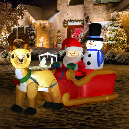 Inflatable Santa Sleigh with Reindeer and LED Lights, Incl. Blower, Red, Brown