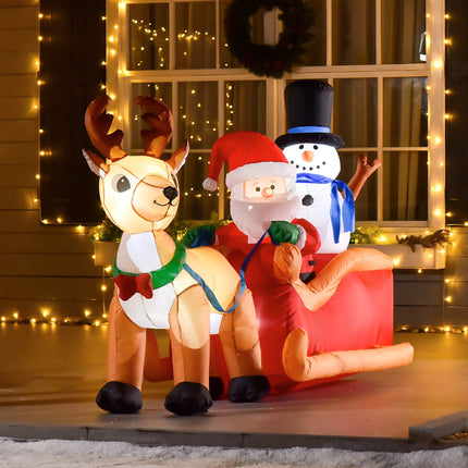 Inflatable Santa Sleigh with Reindeer and LED Lights, Incl. Blower, Red, Brown