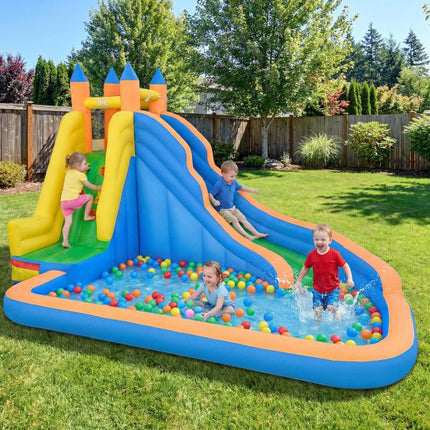 Inflatable Water Park 3-in-1, Curved Slide, Climb Wall
