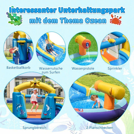 Nafukovací vodní skluzavkový park se 2 bazénky, dmychadlem 680W a vodním dělem, modrá