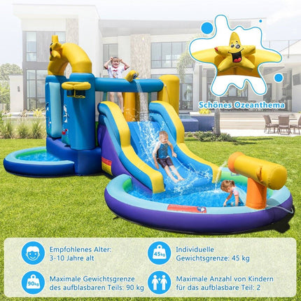 Nafukovací vodní skluzavkový park se 2 bazénky, dmychadlem 680W a vodním dělem, modrá