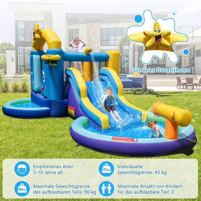 Aufblasbarer Wasserrutschenpark mit 2 Pools &amp; 680-W-Gebläse &amp; Wasserkanone Blau