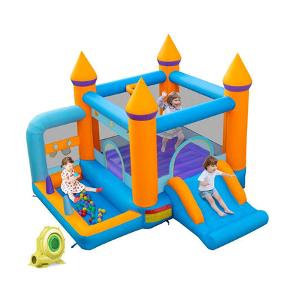 Château gonflable pour enfants avec piscine à balles, toboggan et jeu de lancer d'anneaux. Soufflerie de 735 W incluse.