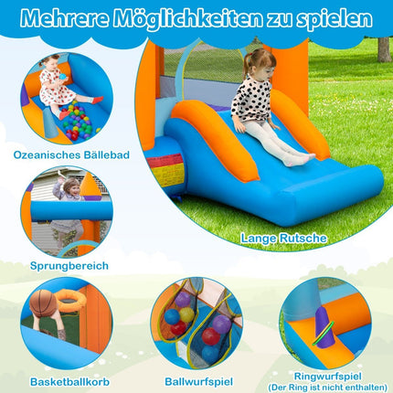 Château gonflable pour enfants avec piscine à balles, toboggan et jeu de lancer d'anneaux. Soufflerie de 735 W incluse.
