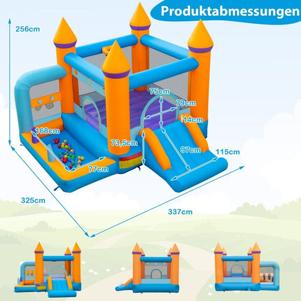 Château gonflable pour enfants avec piscine à balles, toboggan et jeu de lancer d'anneaux. Soufflerie de 735 W incluse.