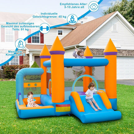 Château gonflable pour enfants avec piscine à balles, toboggan et jeu de lancer d'anneaux. Soufflerie de 735 W incluse.