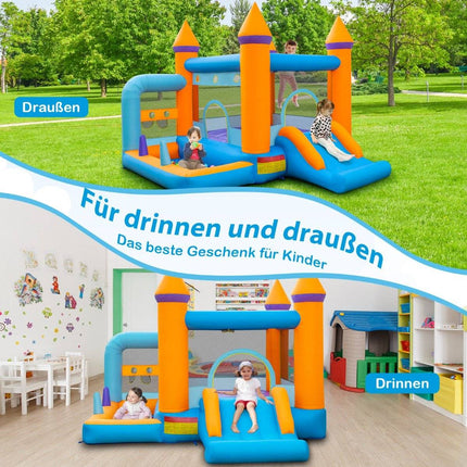 Château gonflable pour enfants avec piscine à balles, toboggan et jeu de lancer d'anneaux. Soufflerie de 735 W incluse.