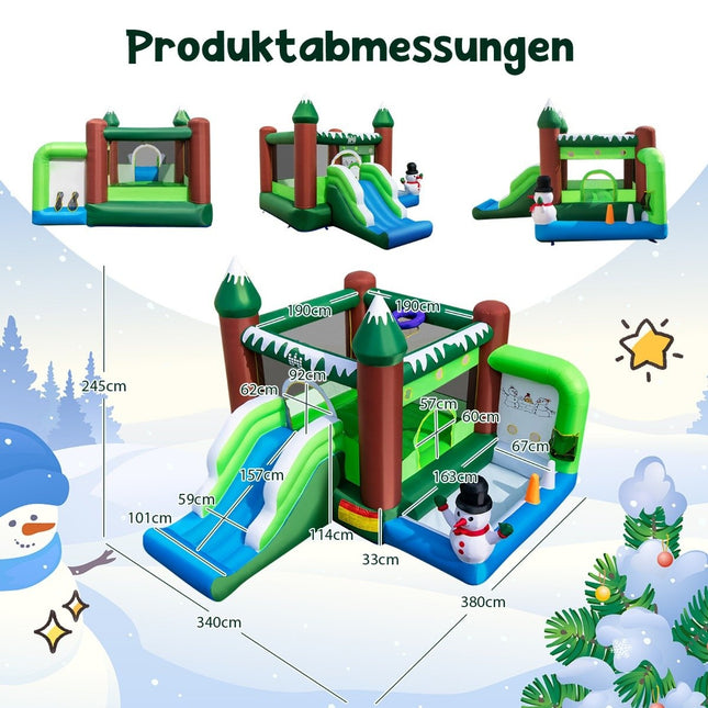 Aufblasbare Hüpfburg für Kinder mit Rutsche, Bällebad, Basketballkorb &amp; Wurflöchern. Spielparadies im Wintermotiv mit 735 W Luftgebläse