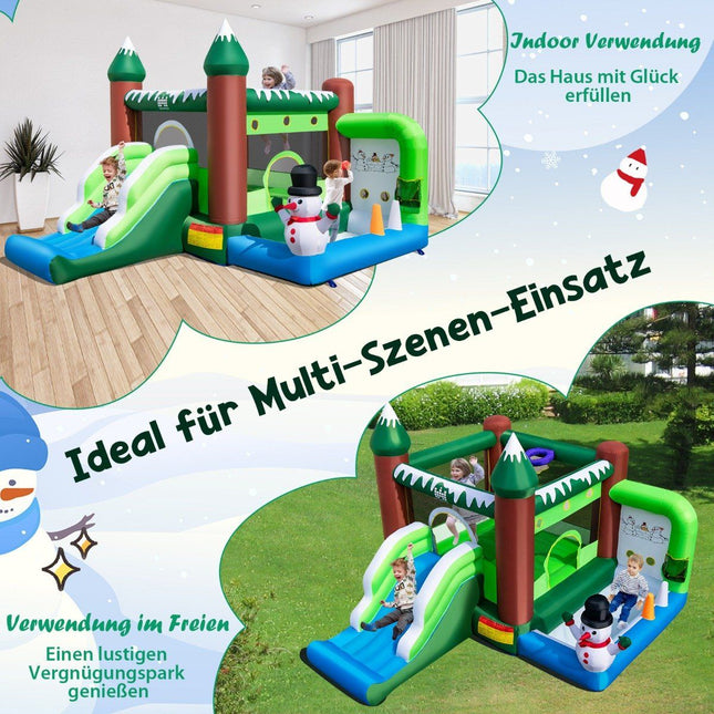 Aufblasbare Hüpfburg für Kinder mit Rutsche, Bällebad, Basketballkorb &amp; Wurflöchern. Spielparadies im Wintermotiv mit 735 W Luftgebläse
