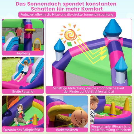 Opblaasbaar springkasteel met zonnedak, glijbaan, basketbalring, ringwerpspel en reparatieset