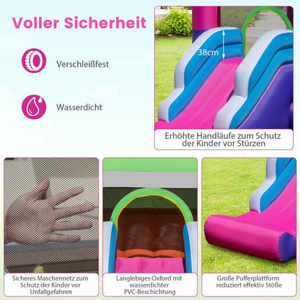 Opblaasbaar springkasteel met zonnedak, glijbaan, basketbalring, ringwerpspel en reparatieset