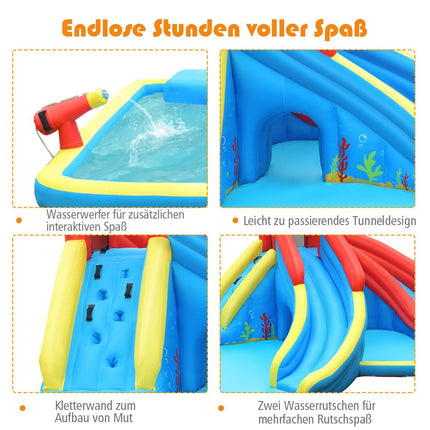 Aufblasbarer Wasserpark mit Kletterwand 500 x 400 x 250 cm rot + gelb + blau