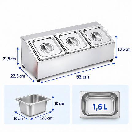 Ingredient Container Set with 3 GN 1/6 Bowls and Lids, Stainless Steel, Silver