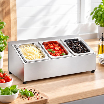 Ingredient Container Set with 3 GN 1/6 Bowls and Lids, Stainless Steel, Silver