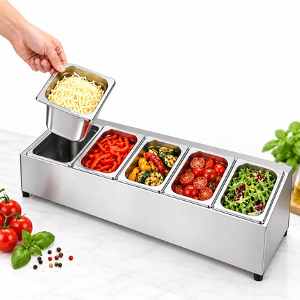 Ingredient Container Set with 5 GN 1/6 Bowls and Lids, Stainless Steel, Silver