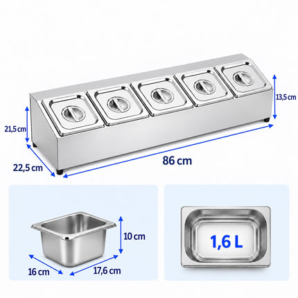Ingredient Container Set with 5 GN 1/6 Bowls and Lids, Stainless Steel, Silver
