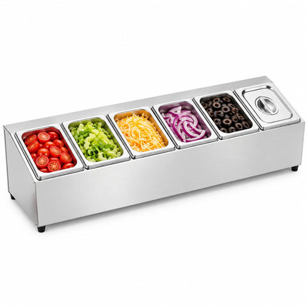Ingredient Container Set with 6 GN 1/6 Bowls and Lids, Stainless Steel, Silver