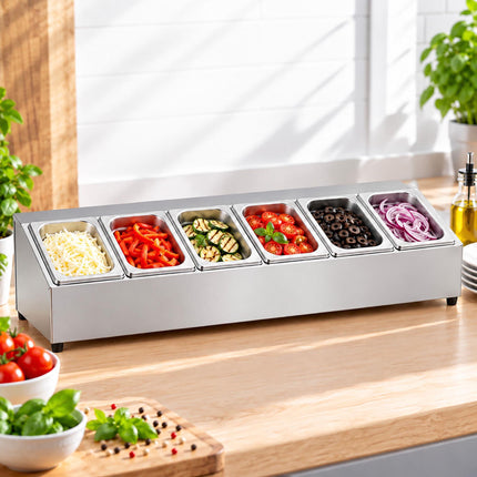 Ingredient Container Set with 6 GN 1/6 Bowls and Lids, Stainless Steel, Silver
