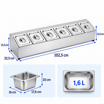 Ingredient Container Set with 6 GN 1/6 Bowls and Lids, Stainless Steel, Silver