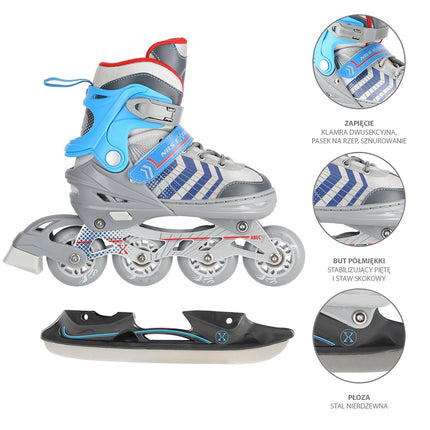 Inline- & Hockey-Rollschuhe, 4-in-1, Grau/Blau, Größe M