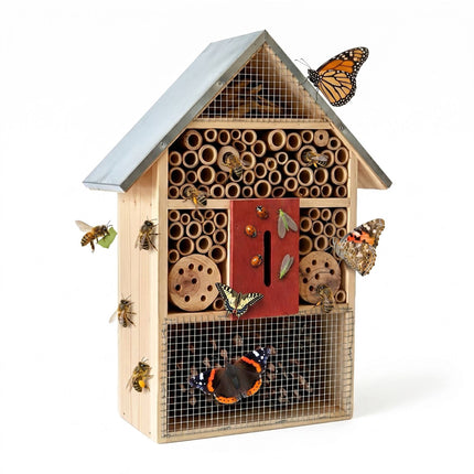Insect Hotel With Metal Roof, Weatherproof Bee and Butterfly Shelter