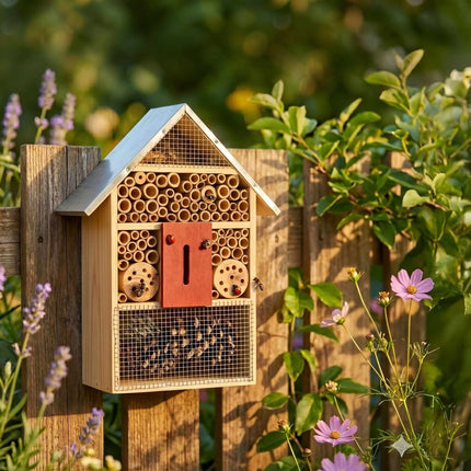 Insect Hotel With Metal Roof, Weatherproof Bee and Butterfly Shelter