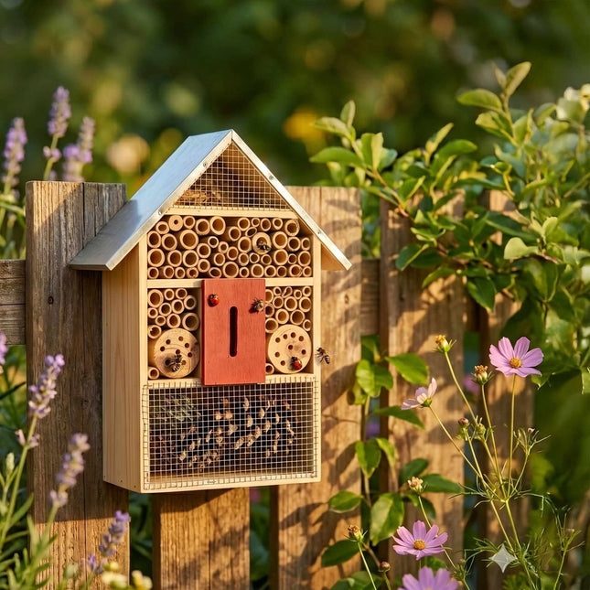 Insect Hotel With Metal Roof, Weatherproof Bee and Butterfly Shelter