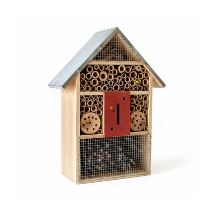 Insect Hotel With Metal Roof, Weatherproof Bee and Butterfly Shelter